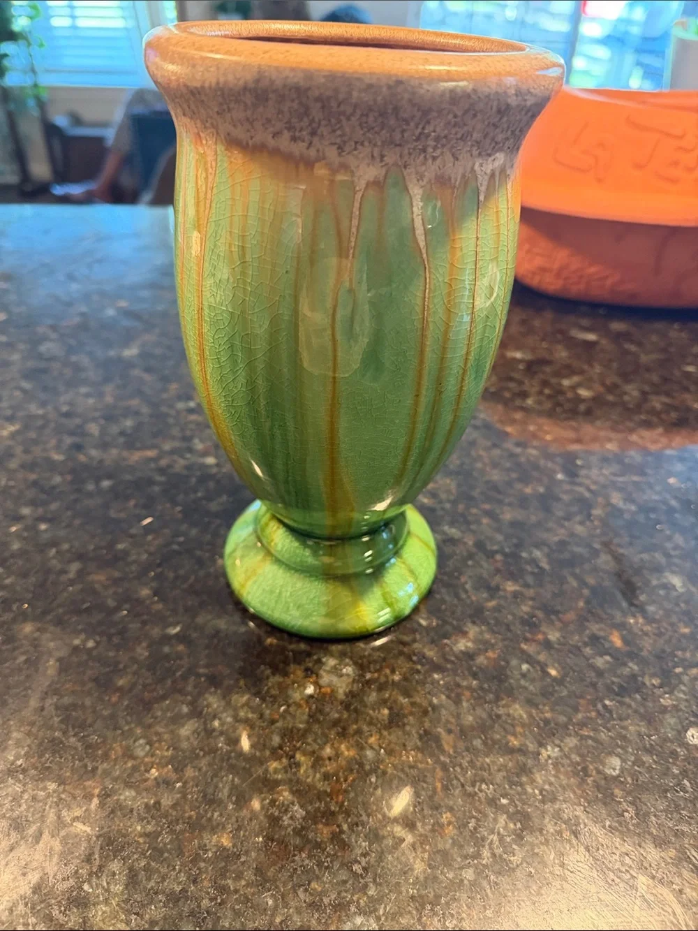 Green Drip-Glaze Pedestal Ceramic Vase by